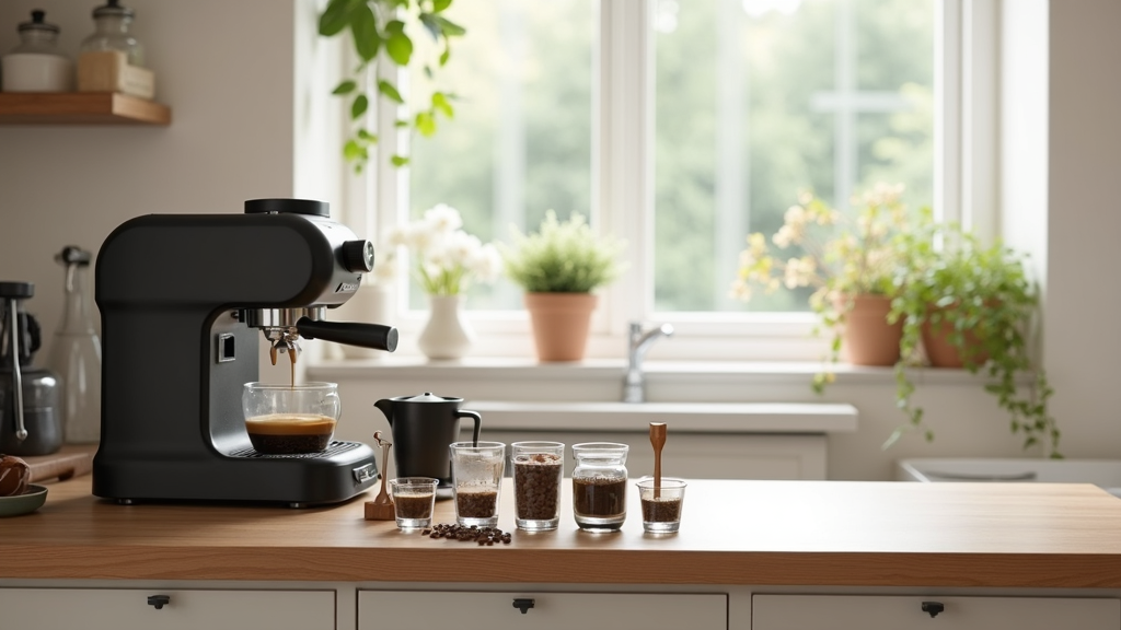 Home espresso setup with machine, beans, grinder and tampers arranged on a kitchen counter